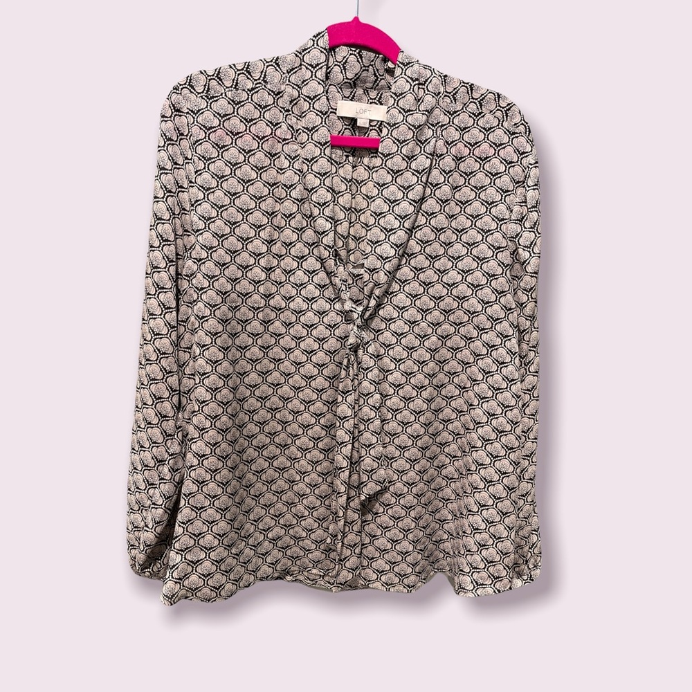 Loft lotus print blouse with tie XL blank & cream